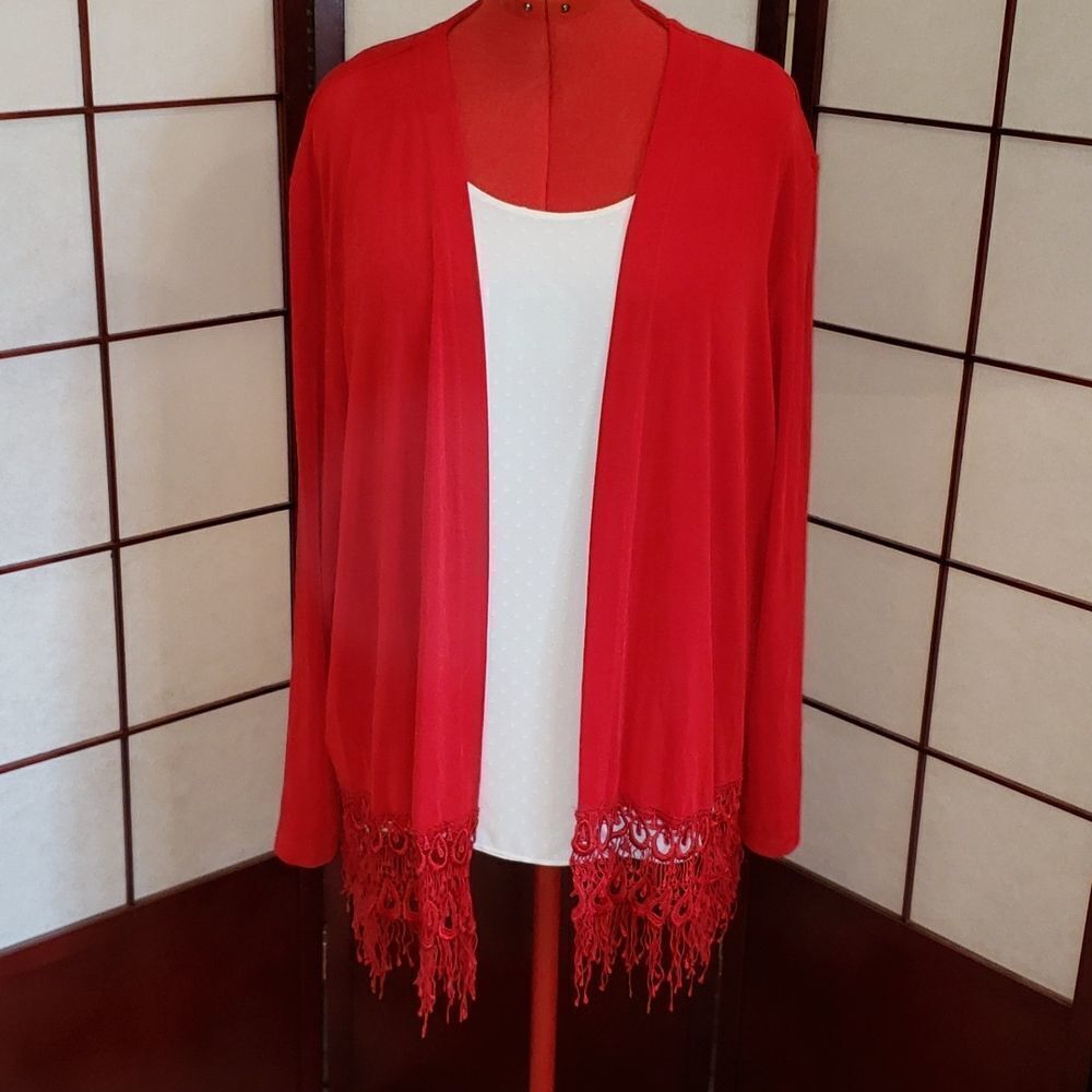Amanda 3X Shimmery Red Fringe Cardigan Sweater